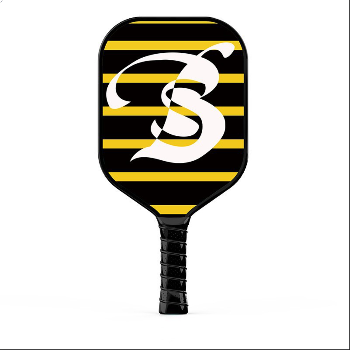 Xephira beginner fiberglass pickleball paddle, black and yellow bee stripe art design, perfect for casual play and family fun.