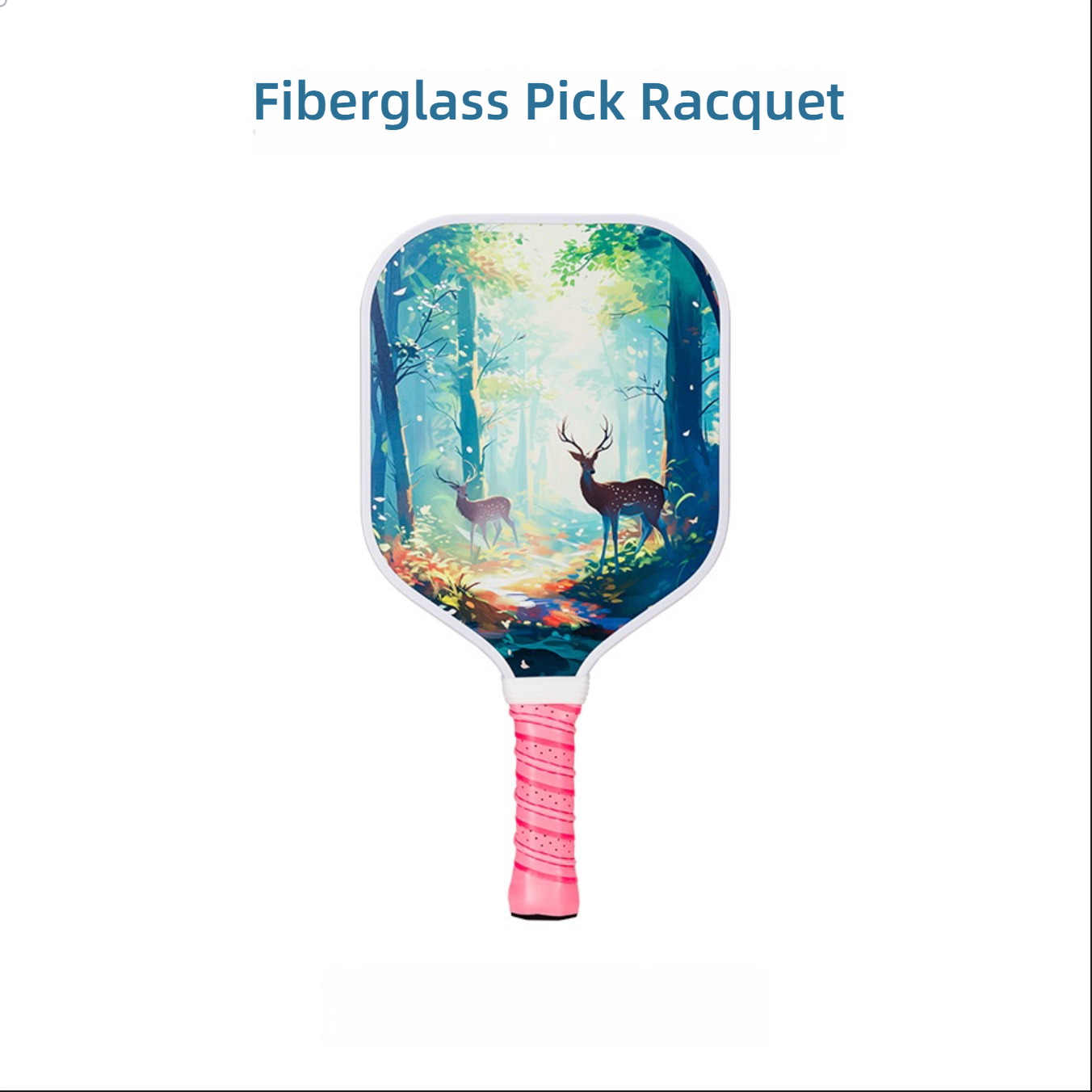Xephira family pickleball paddle, pink grip detail, forest and deer art design for beginner play.
