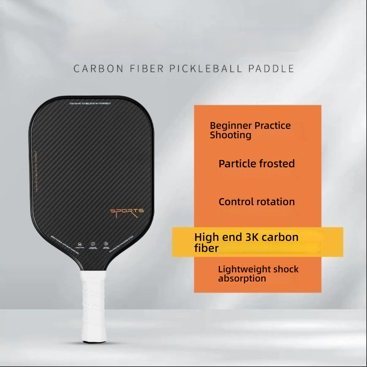 Xephira 3K Carbon Fiber paddle infographic, highlighting high-end 3K carbon fiber, control spin, and lightweight shock absorption. This is the premium carbon choice that answers what material is best for pickleball paddles and what is the best paddle for pickleball.