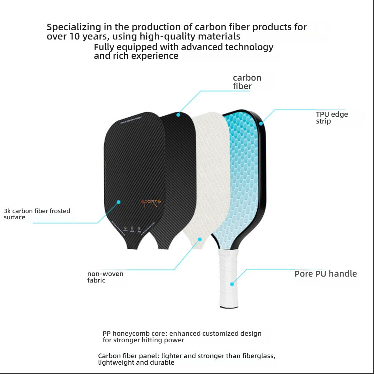 Xephira 3K Carbon Fiber paddle structure breakdown, showing the PP honeycomb core and 3k carbon fiber frosted surface. Suitable for tech-savvy players deciding which pickleball paddle to buy.