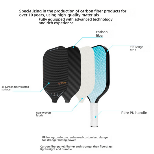Xephira 3K Carbon Fiber paddle structure breakdown, showing the PP honeycomb core and 3k carbon fiber frosted surface. Suitable for tech-savvy players deciding which pickleball paddle to buy.