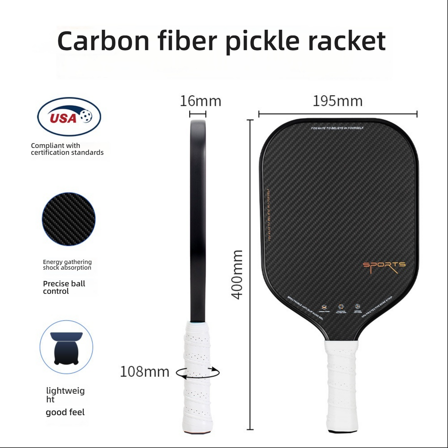 Xephira Carbon 16mm paddle dimension and spec chart, specifying 400mm length, 195mm width. Provides data for players determining which pickleball paddle is best for me and judging how do i choose a pickleball paddle for beginners.