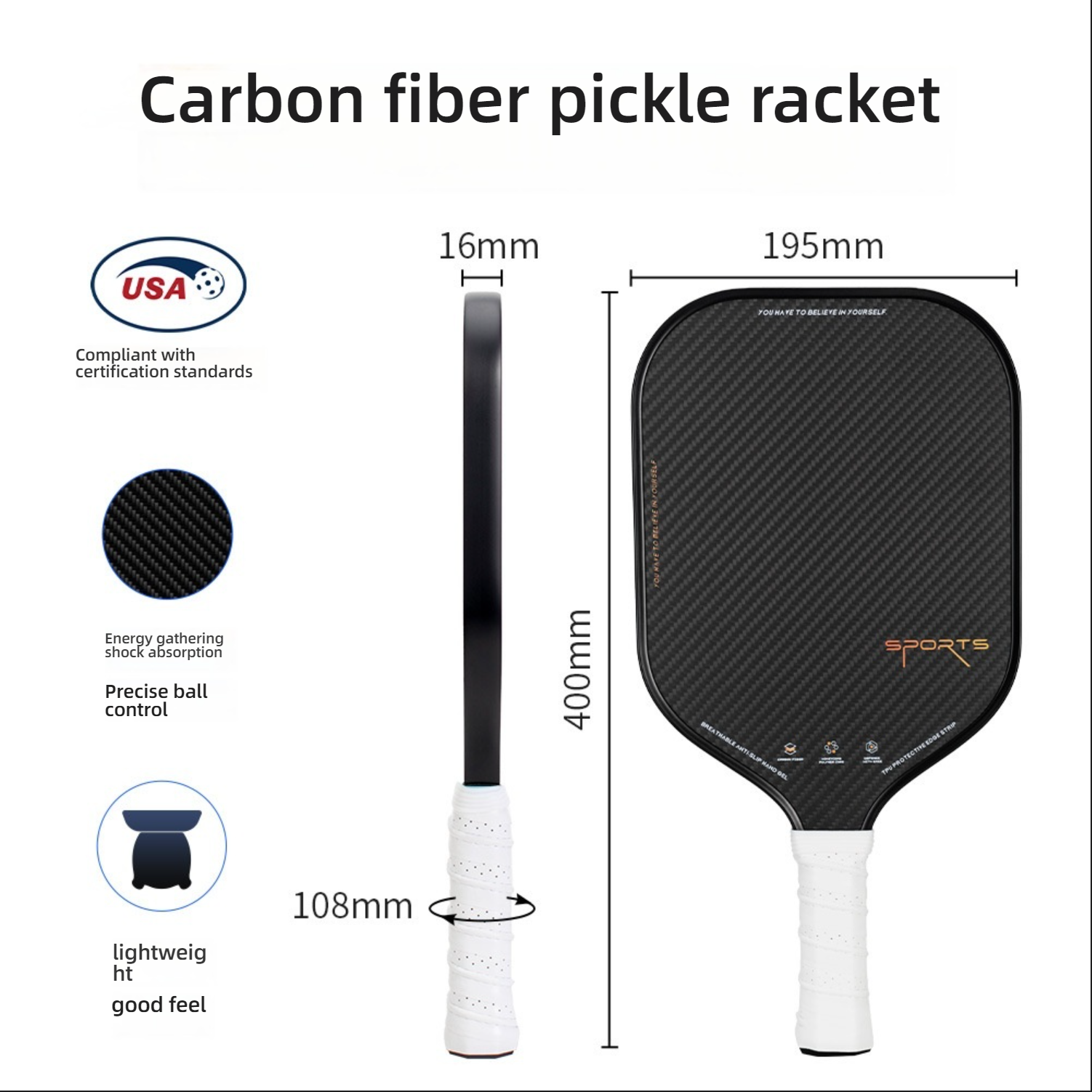 Xephira Carbon 16mm paddle dimension and spec chart, specifying 400mm length, 195mm width. Provides data for players determining which pickleball paddle is best for me and judging how do i choose a pickleball paddle for beginners.