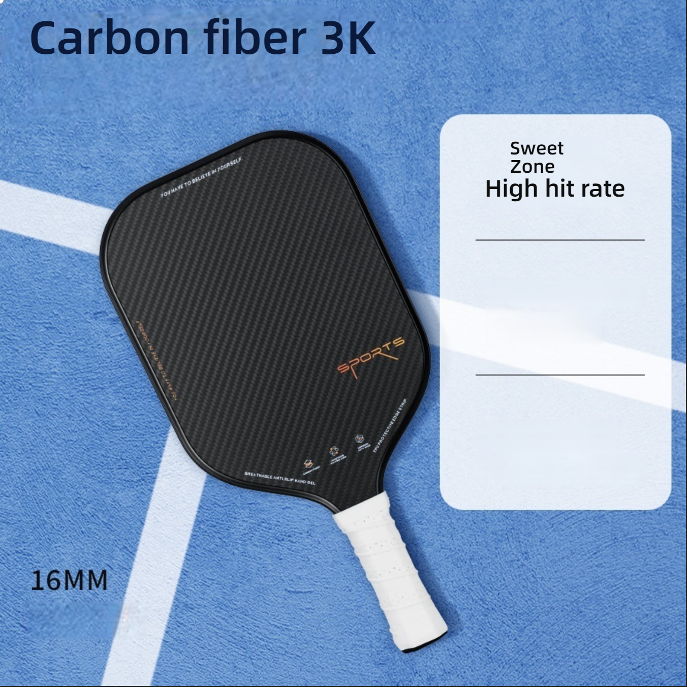 Xephira 3K Carbon Fiber 16mm paddle sweet spot display, highlighting the High hit rate. It demonstrates the key performance attribute of what makes a pickleball paddle good—accuracy. Suitable for professional players searching where to buy pickleball paddles.