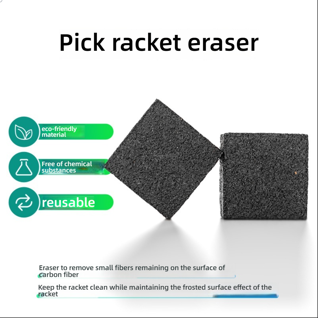 Graphic highlighting eco-friendly, chemical-free, and reusable features of the eraser. What material is best for pickleball paddles.