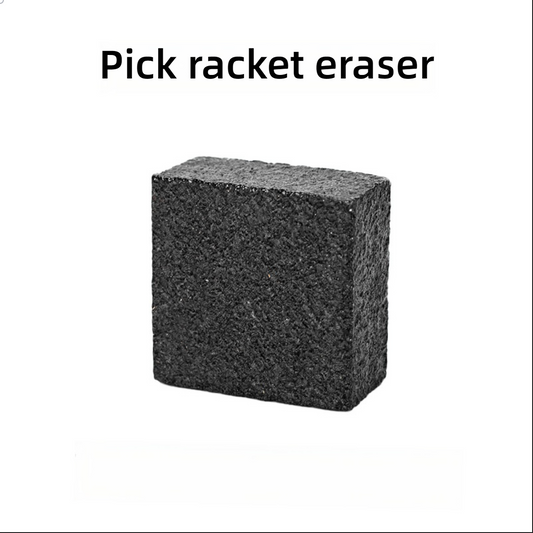 Close-up of the black Pick Racket Eraser block. Essential maintenance for your best pickleball paddle.