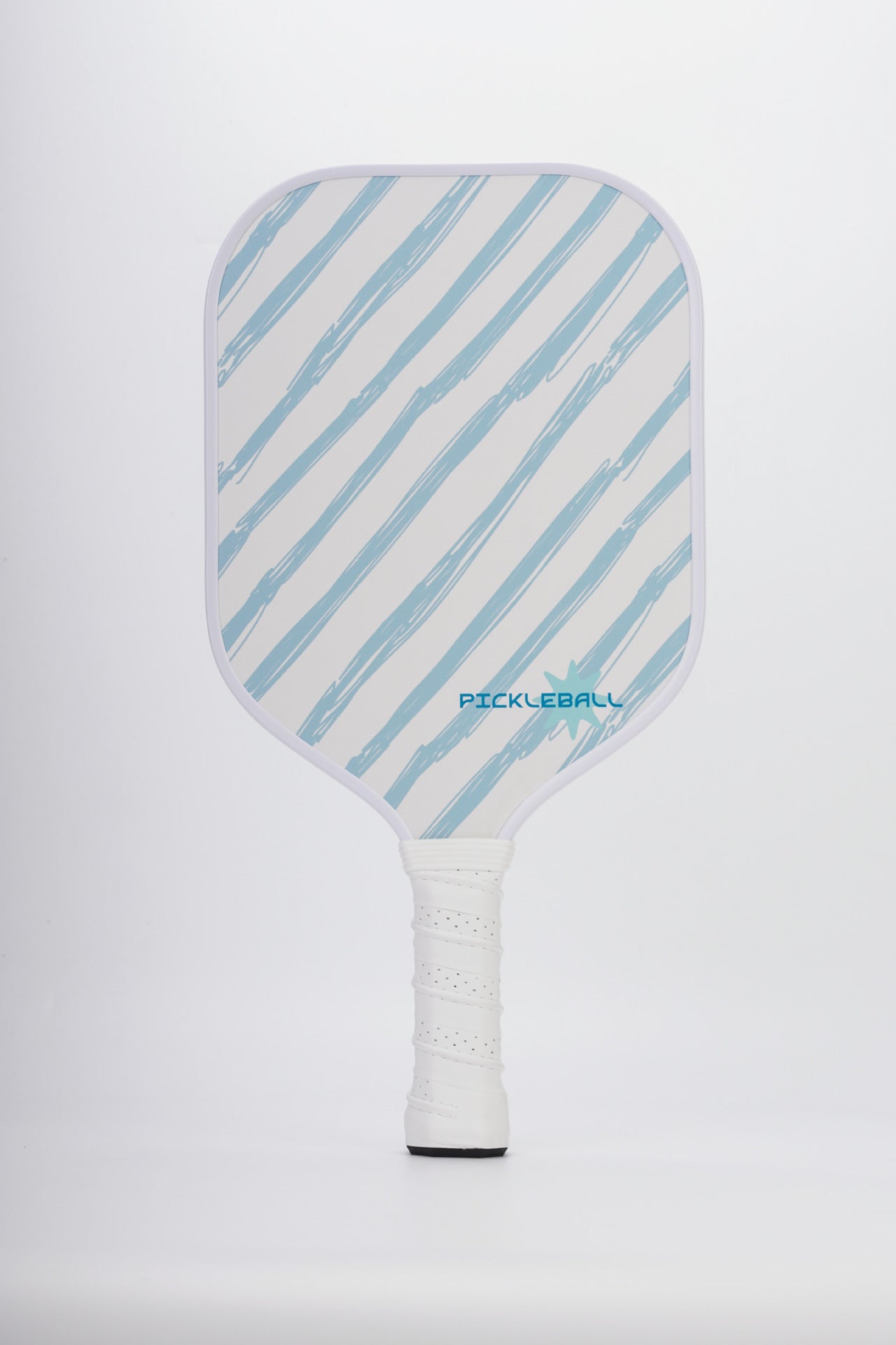 Xephira 16mm defensive paddle with light blue diagonal stripes on a white face, a fresh and simple style. This paddle is a safe choice when considering how do i choose a pickleball paddle for beginners.