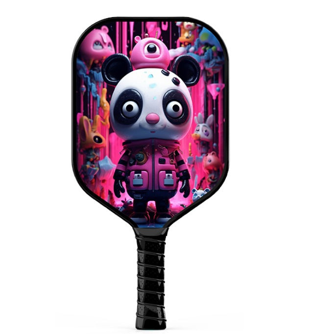 Xephira defensive paddle with 13mm thickness, featuring a cartoon panda design against a vibrant pink and neon background. This unique paddle is a stylish answer to which pickleball paddle is best for me, particularly for young players.