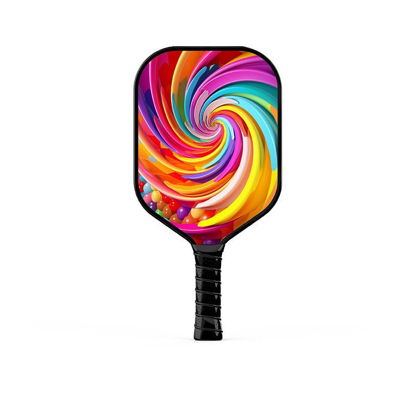 Xephira 13mm defensive paddle featuring a rainbow candy swirl pattern, vibrant colors with a strong sense of motion. A perfect choice for individualistic buyers asking where to buy pickleball paddles.