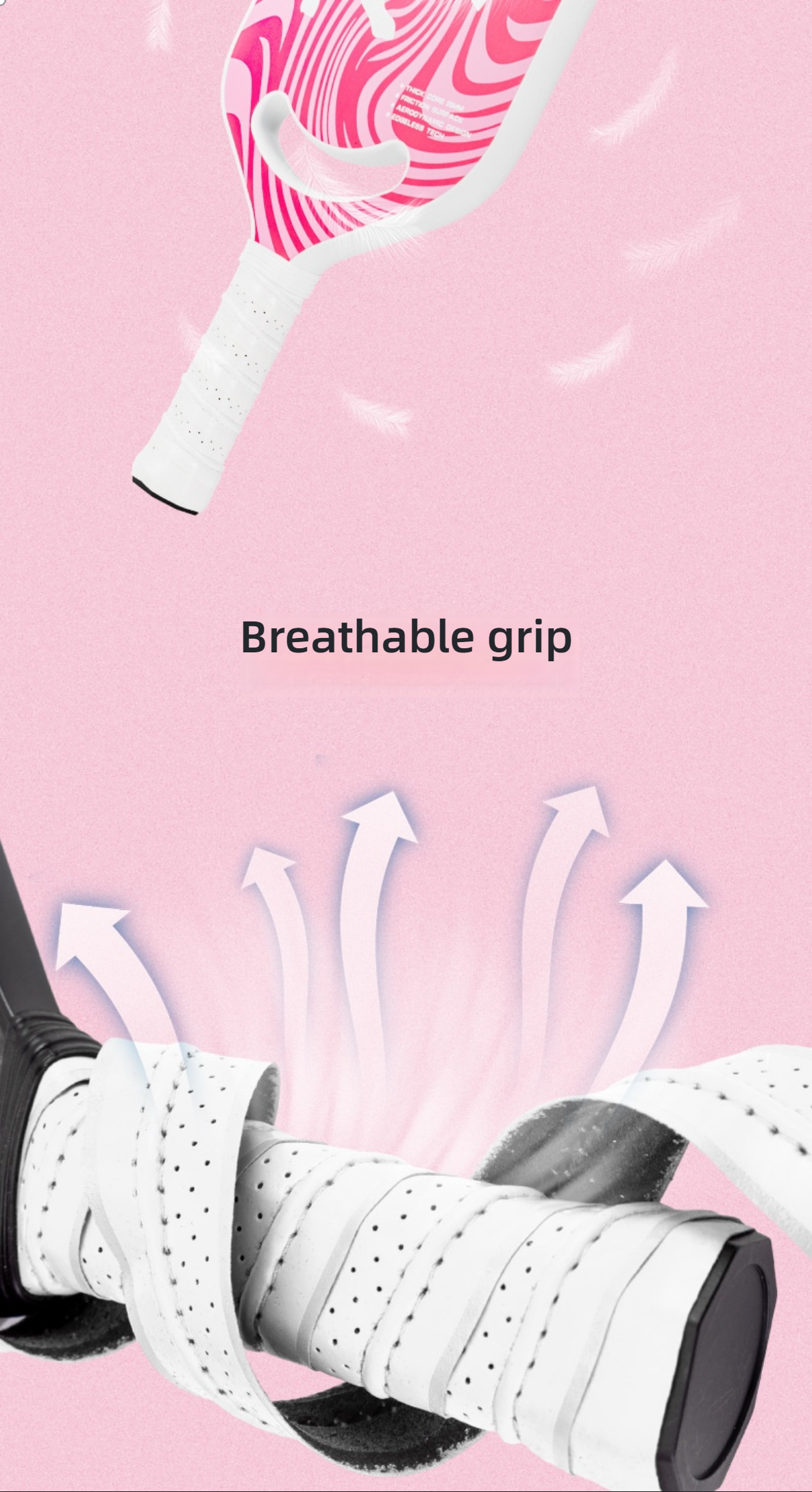 Detailed shot of white breathable grip, teaching how to hold a pickleball paddle.