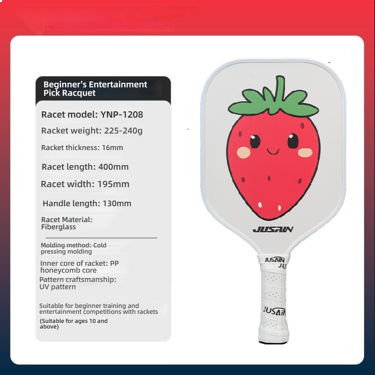 Xephira family fiberglass pickleball paddle with a cute red strawberry graphic. Image displays 16mm thickness, PP honeycomb core, and detailed specs, ideal for beginner training.
