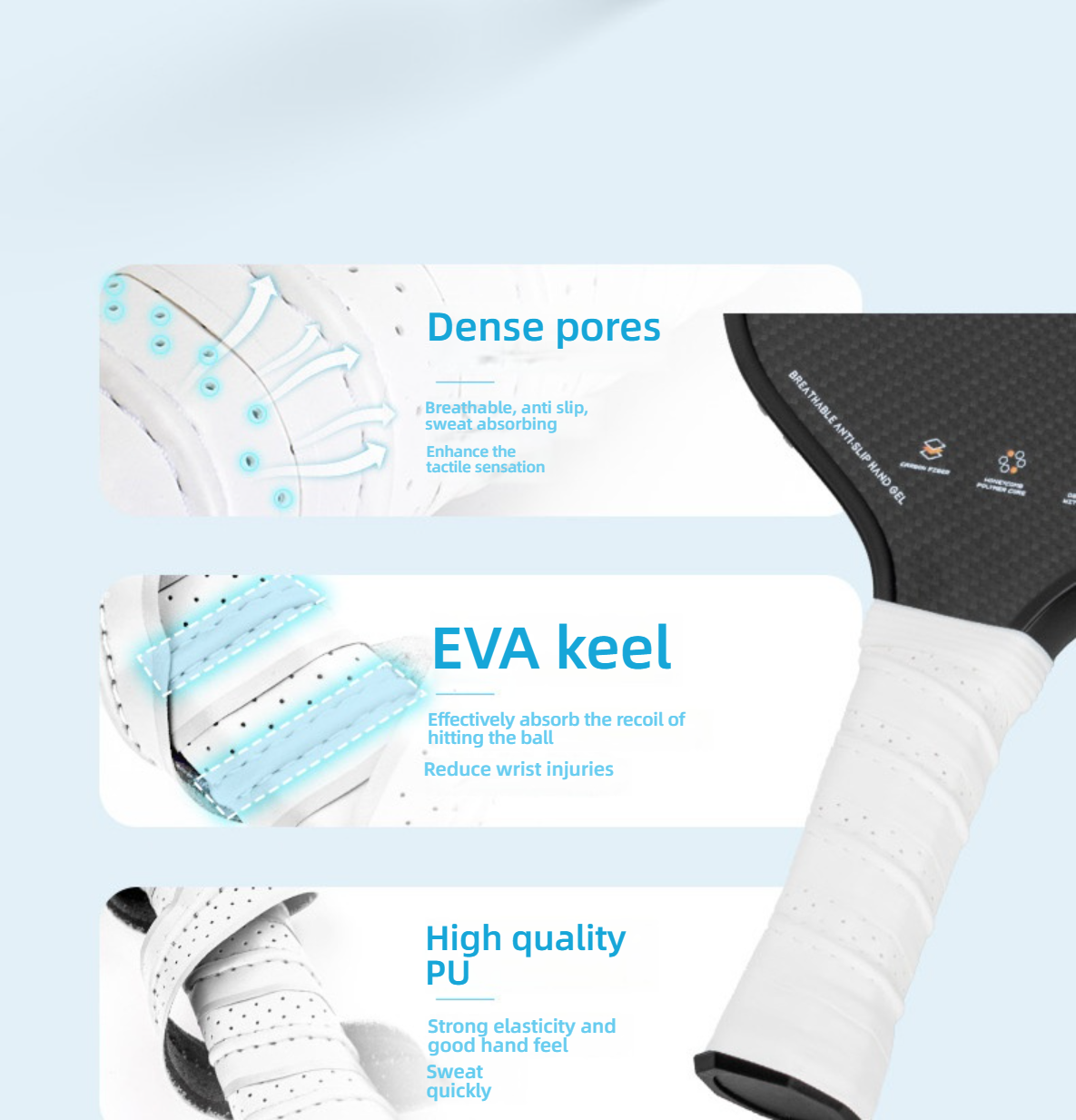Xephira paddle handle detail infographic. Highlights the EVA keel and high-elasticity PU, reducing wrist injuries. The handle design helps players understand what is a good pickleball paddle for beginners and focus on details when searching where can i buy pickleball paddles.
