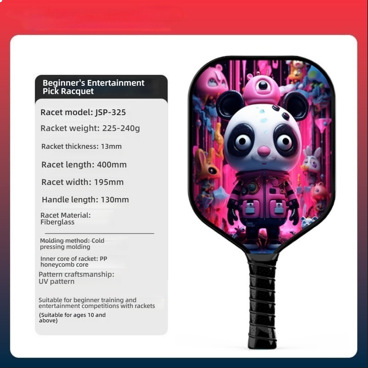 Xephira kids pickleball paddle, cute cartoon panda theme design, lightweight fiberglass for beginner training.