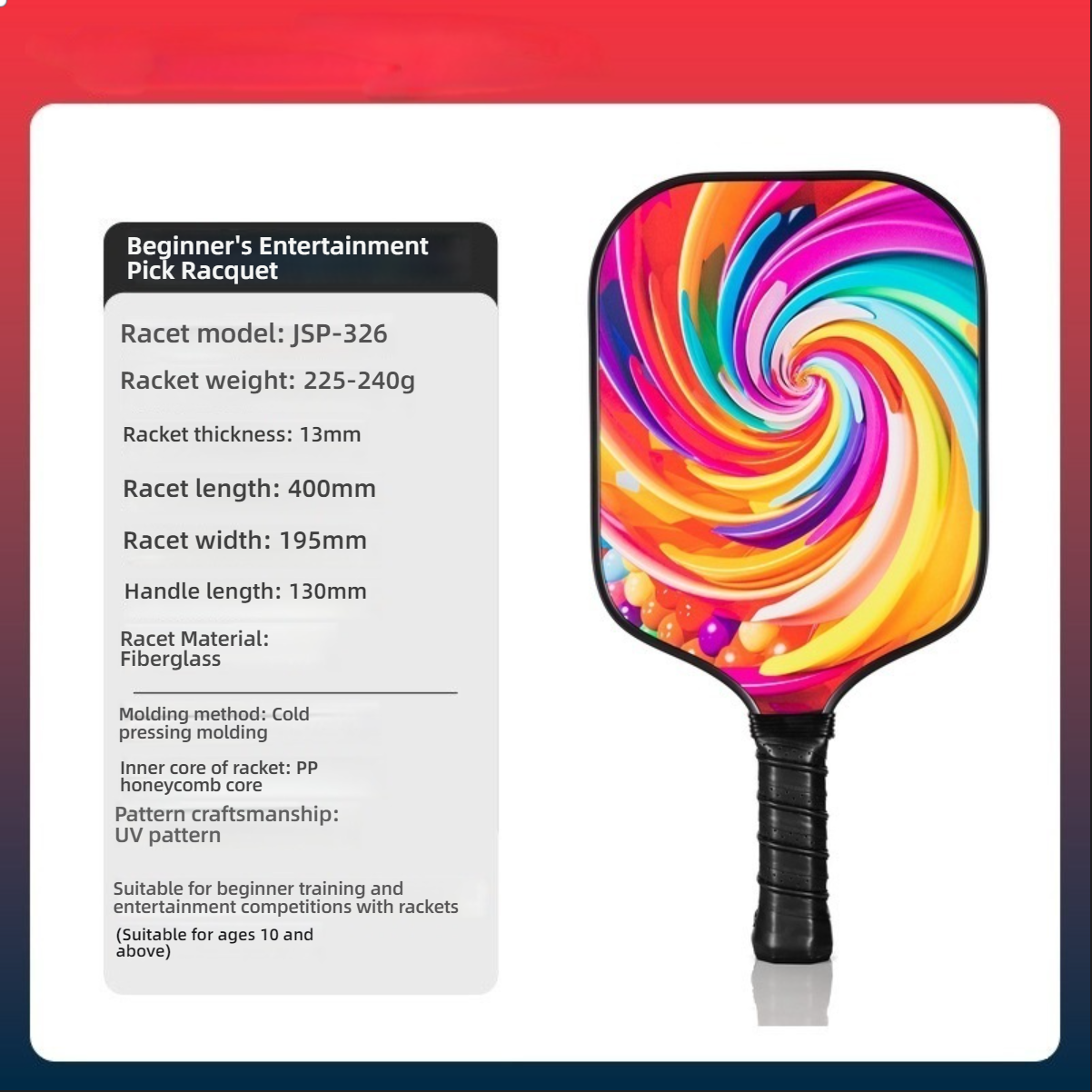 Xephira kids pickleball paddle with vibrant colorful swirl design, fiberglass face, includes product specifications.