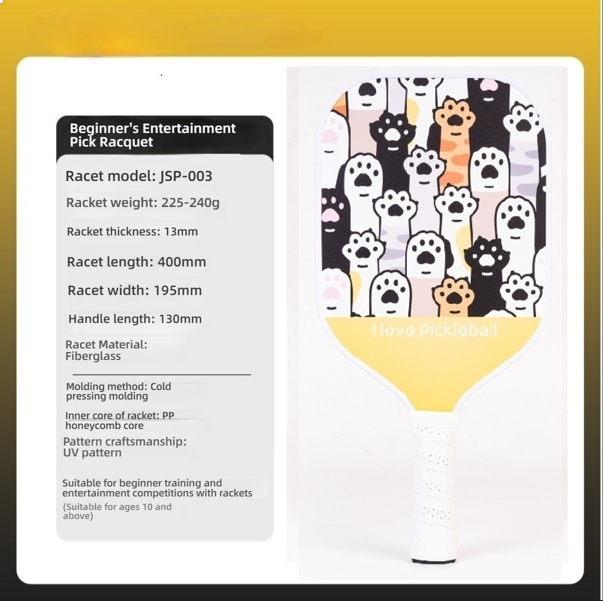 Xephira family pickleball paddle, cute colorful paw print pattern emphasizing 'I Love Pickleball', fiberglass beginner set.