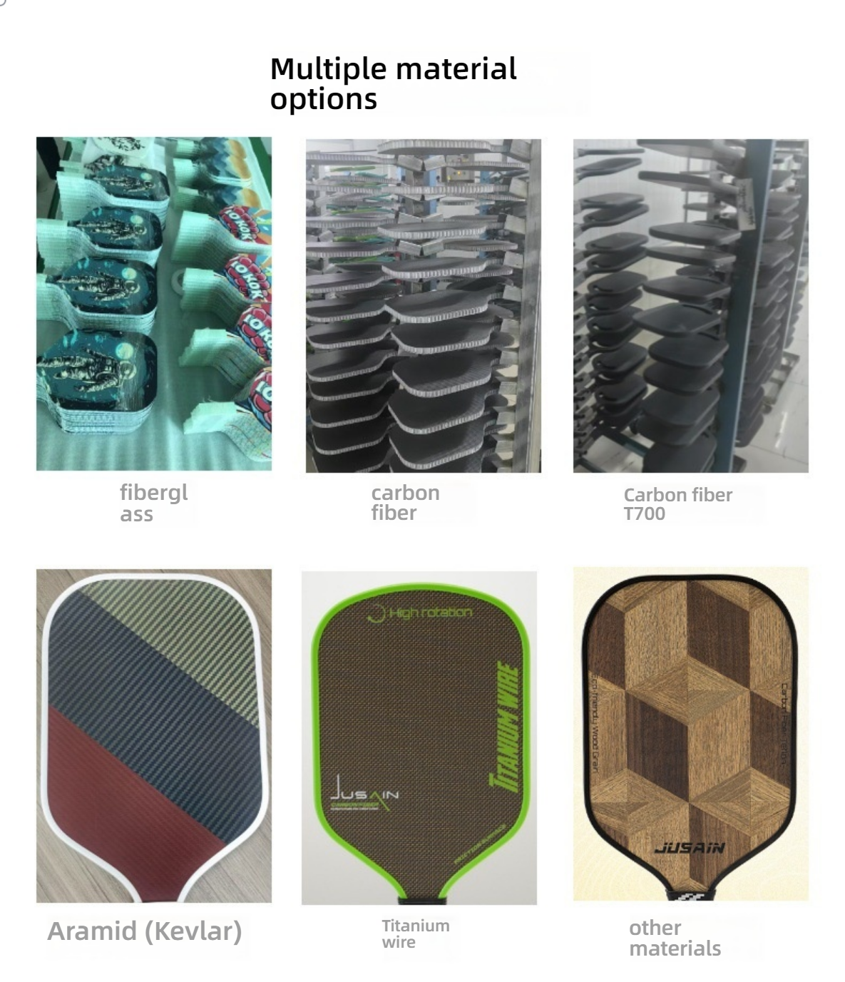 Factory shot showing material options. If you're debating which pickleball paddle to buy, this library shows what are good pickleball paddles. USP: Multiple material factory supply.