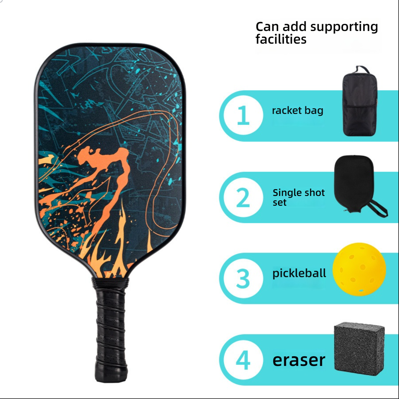 The pickleball paddle shown with accessories, including a racket bag, single shot set, pickleball, and eraser. Customers asking where can i buy pickleball paddles also look for bundled facilities.