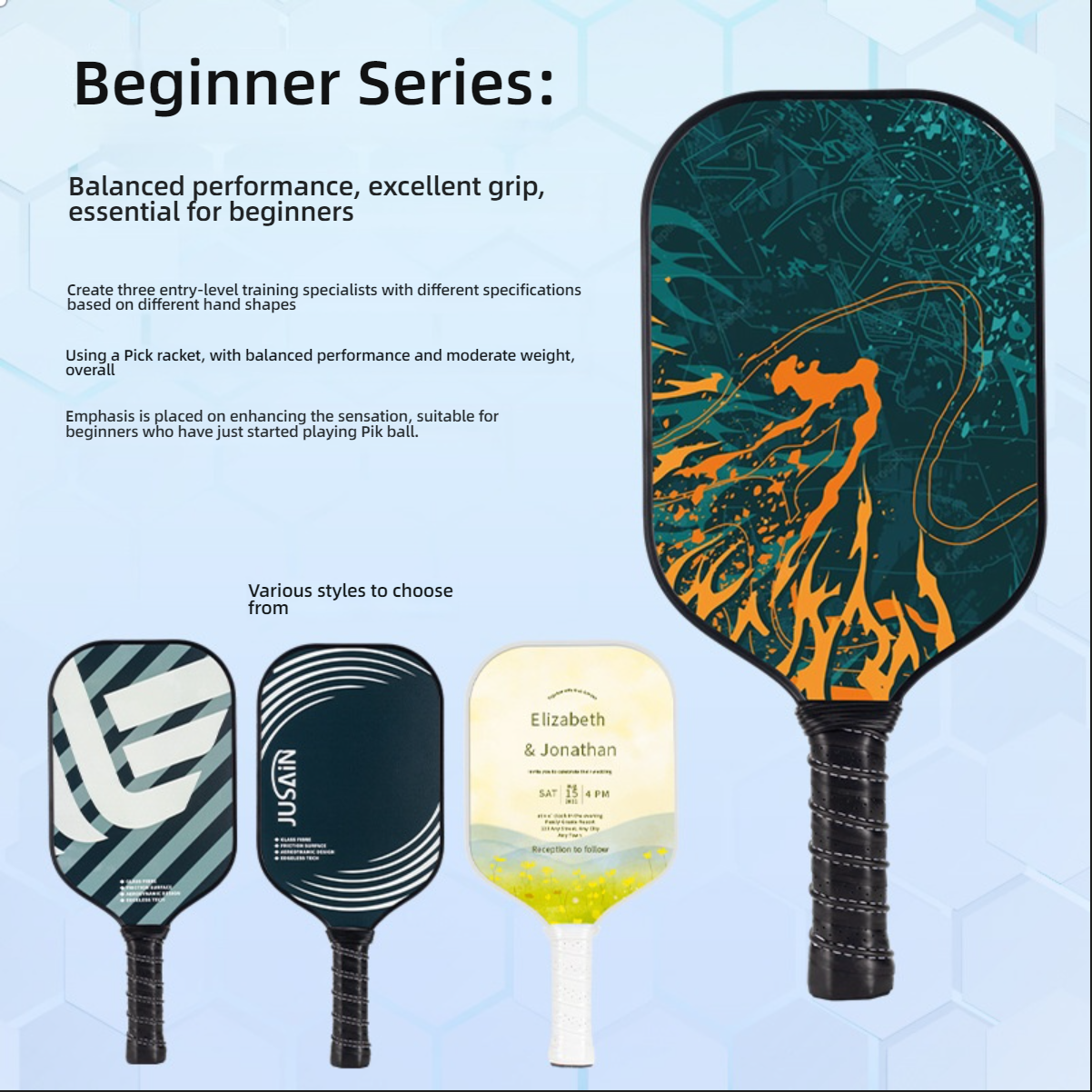 Beginner/Progression Series comparison. Although our product is offensive, it offers an excellent feel, aiding beginner transition. The graphic highlights balanced performance, ideal for guidance on how do i choose a pickleball paddle for beginners.