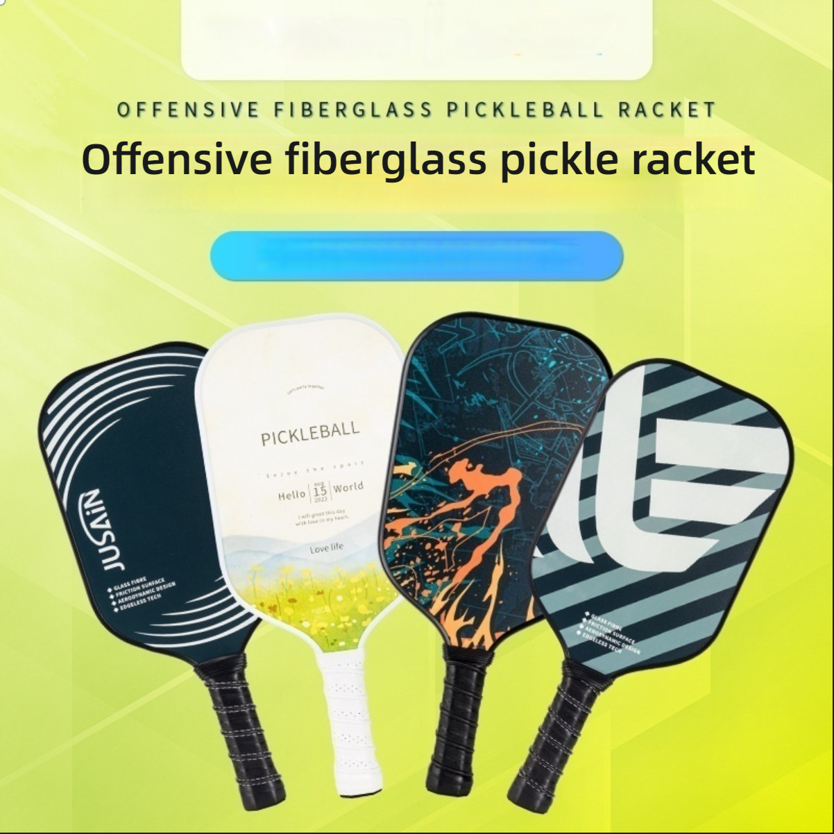 Overhead view of four different designed Xephira offensive fiberglass pickleball paddles, showcasing the wide range of styles. Text reads "Offensive fiberglass pickle racket." This answers where to buy pickleball paddles when seeking variety.
