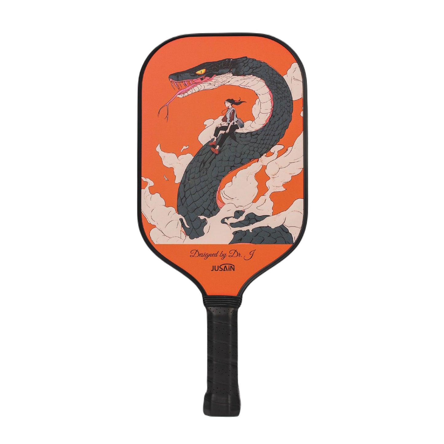 Artistic Xephira fiberglass pickleball paddle featuring a female cartoon figure riding a large black snake. Its 16mm thickness balances power and control. A design paradigm for what makes a pickleball paddle good.