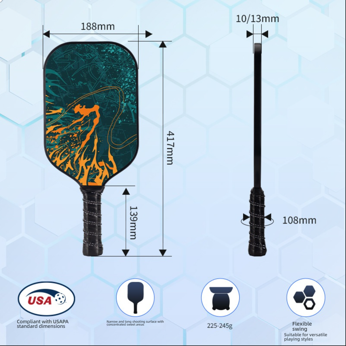 Specification diagram of the pickleball paddle, showing 417mm length, 188mm width, and 10/13mm thickness, weighing 225-245g. Specifications are key when deciding which pickleball paddle to buy.