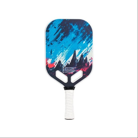 Showing how to hold a pickleball paddle with professional Xephira equipment. Featuring T700 carbon friction surface and abstract mountain design, it's the answer for players wondering where can i buy pickleball paddles for maximum spin.