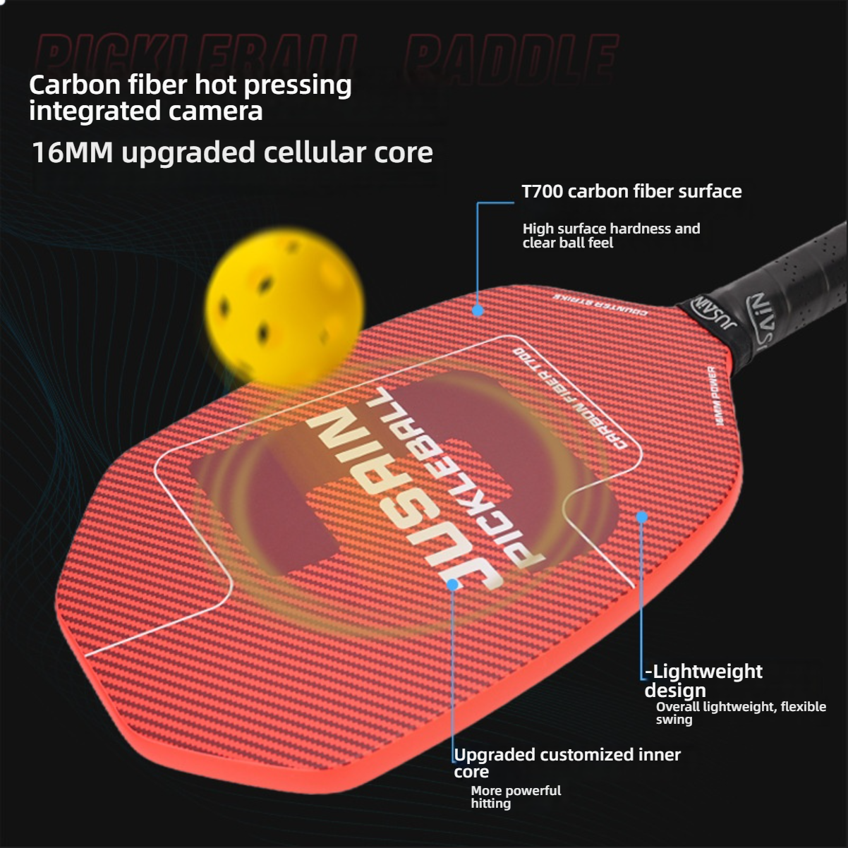 Action view of 16mm upgraded cellular core for powerful hitting. If you need where to get pickleball paddles, this lightweight T700 surface is what is the best paddle for pickleball.