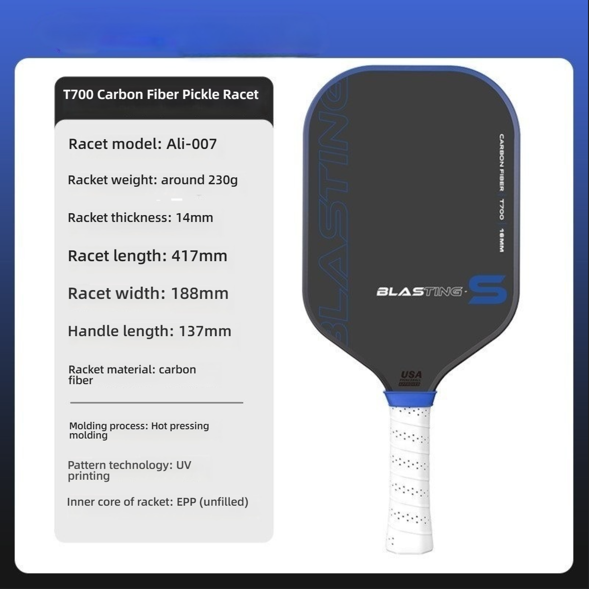 Blue Ali-007 balanced 14mm paddle, a quality choice for those wondering where can i buy pickleball paddles.