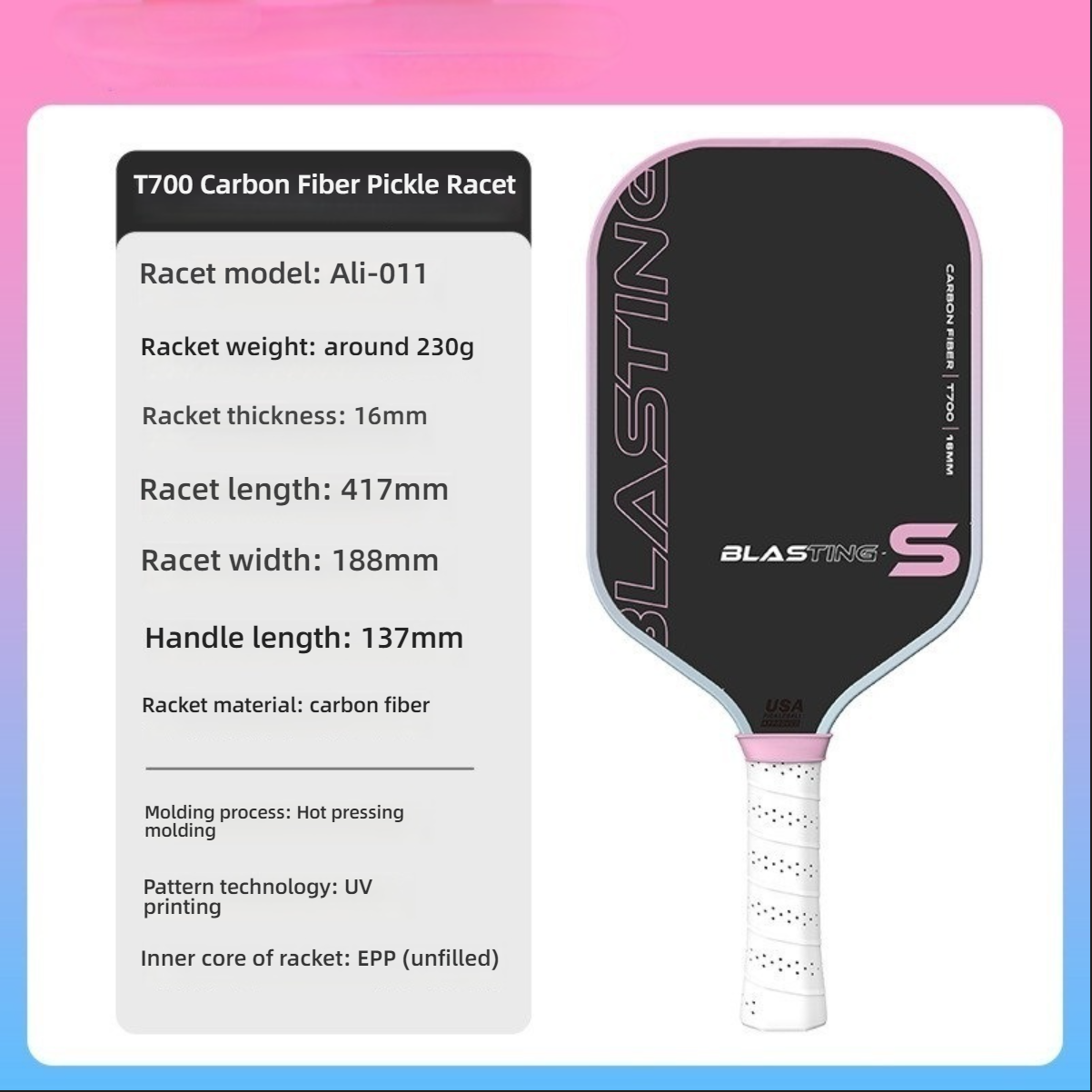 Pink Ali-011 pro paddle explaining the specs of what are good pickleball paddles.