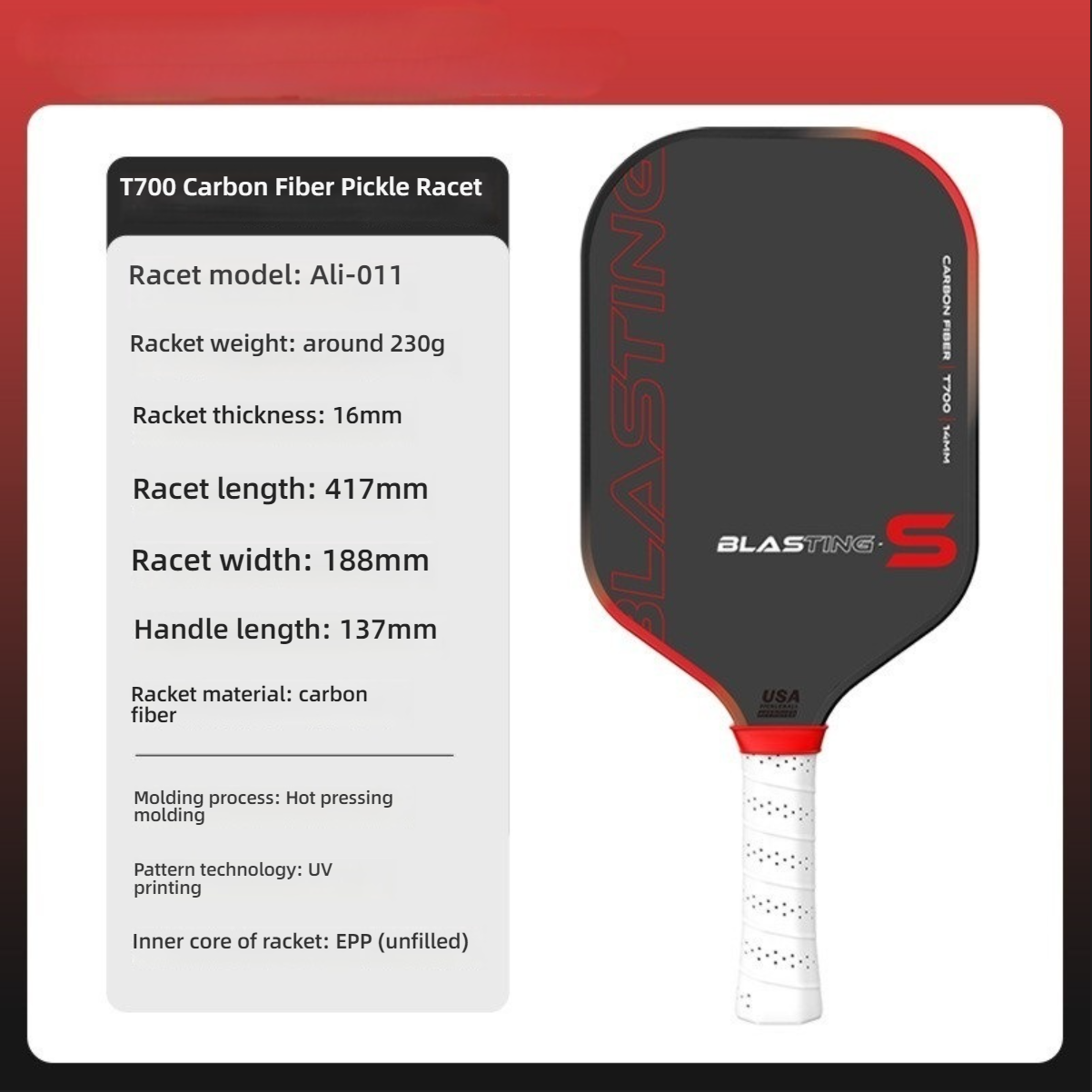 Ali-011 red 16mm pro carbon fiber paddle showing how to hold a pickleball paddle, hot-press molded.