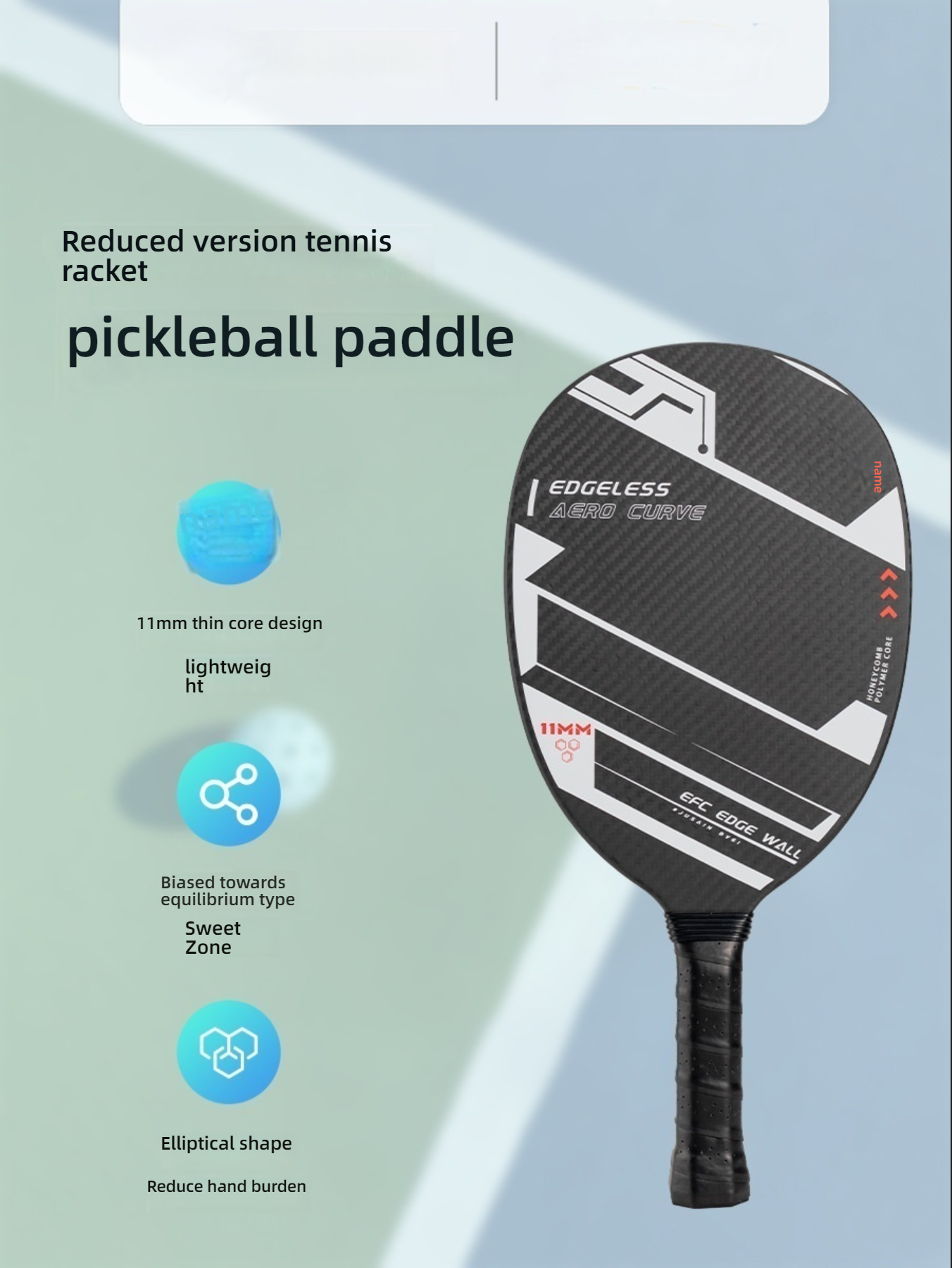Xephira product overview showing elliptical shape and large sweet zone. What are good pickleball paddles? Ones that reduce hand burden like this lightweight 11mm design. Which pickleball paddle to buy for the best balance of power and control.
