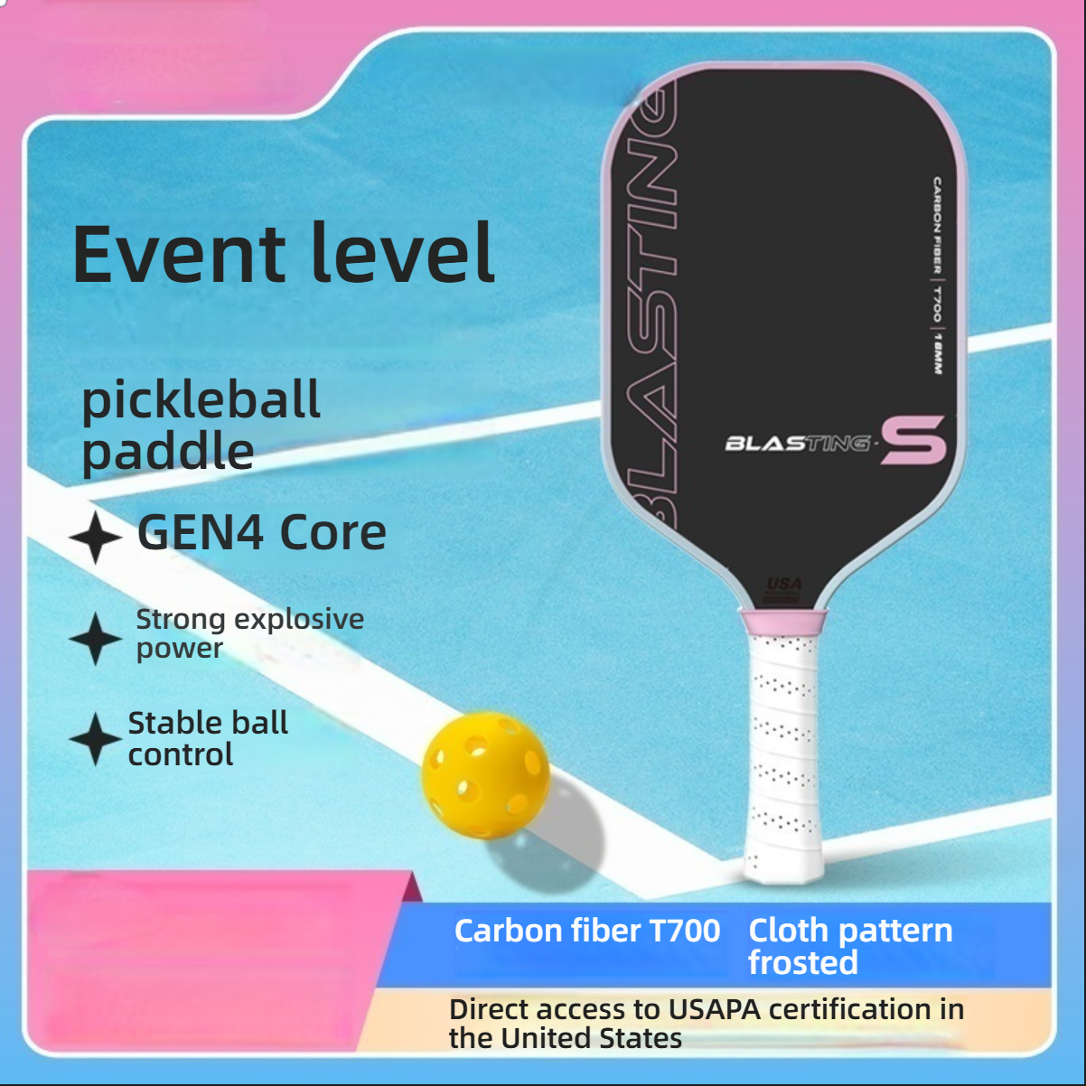 Blasting-S model with GEN4 core for explosive power. If you wonder which pickleball paddle to buy, this USAPA-approved paddle is a top choice.