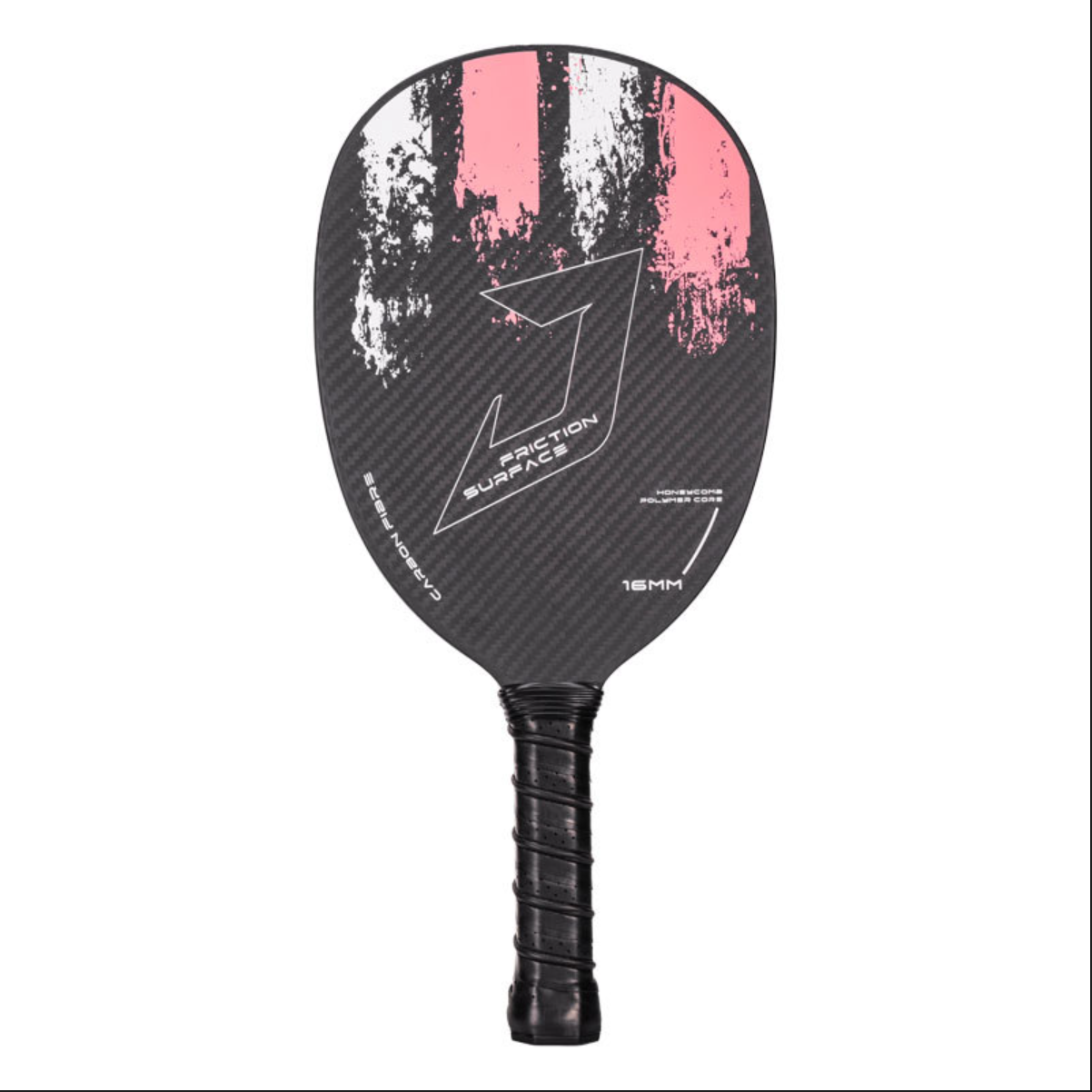 Front view of Xephira carbon fiber paddle with pink and white friction surface. Discover what is the best pickleball paddle for spin with this 16mm thick core. Where to buy pickleball paddles featuring professional carbon integration.