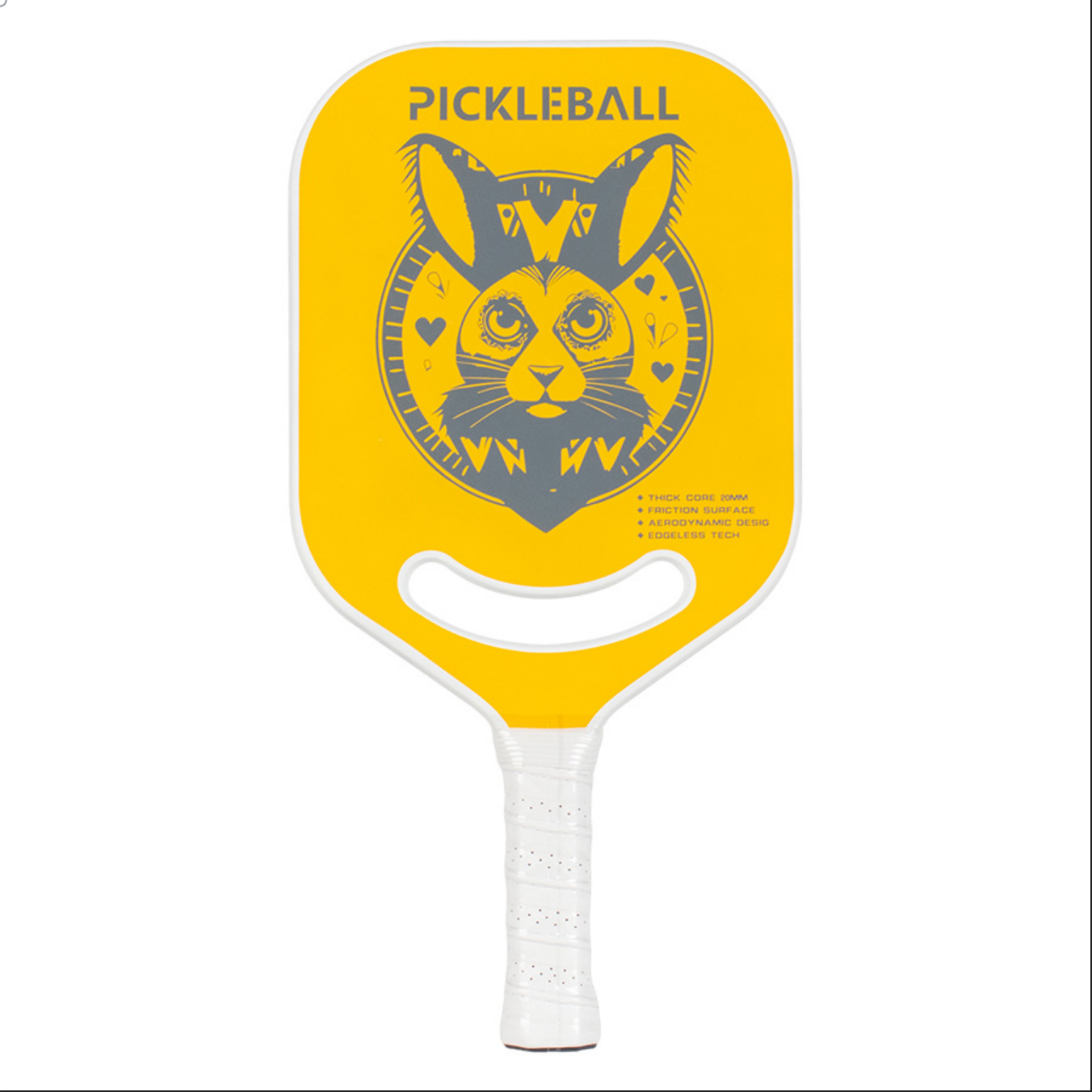 Yellow cat-themed paddle with 20mm thick core, perfect for players asking what is a good pickleball paddle. USP: Cartoon design.