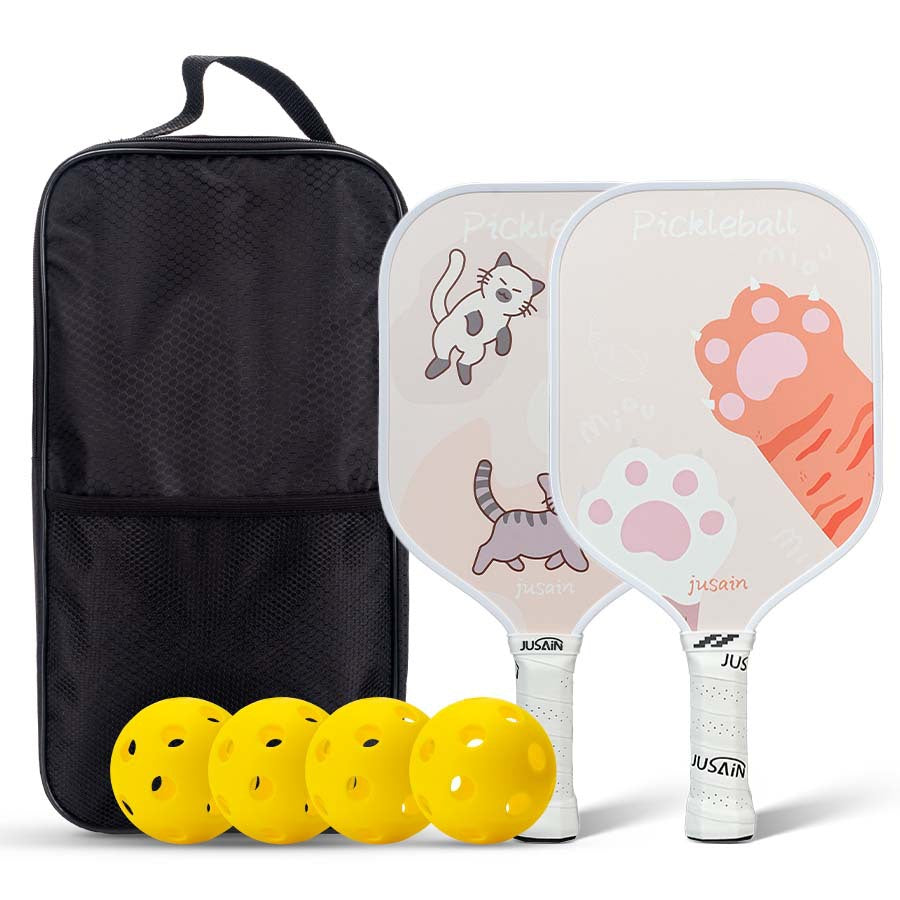 EN: Light-colored cat paw cartoon paddle for families searching where to get pickleball paddles, featuring a unique design USP.