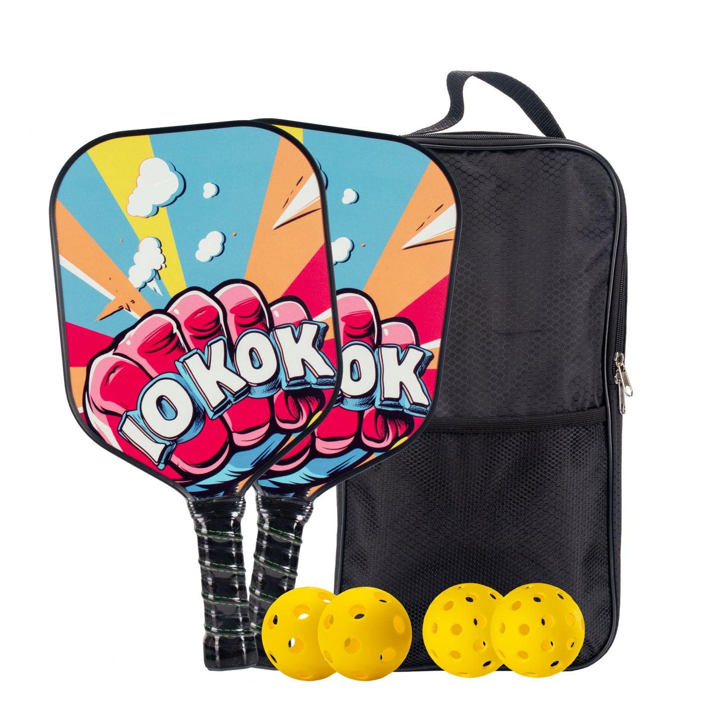 [Beginners/Cartoon] This fiberglass paddle with "OK" comic art answers what is a good pickleball paddle for beginners. Includes 2 paddles and 4 balls, perfect for family fun.