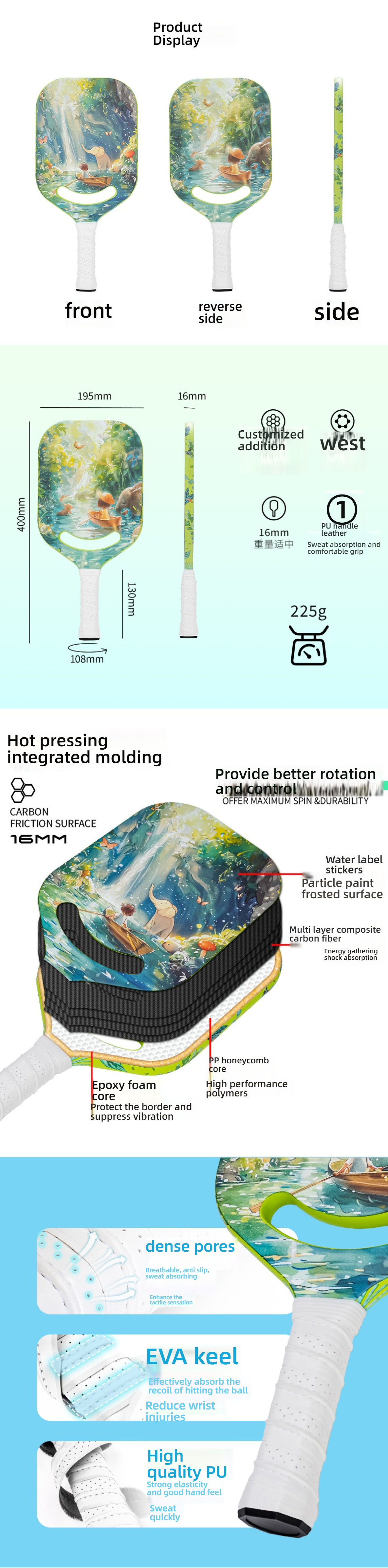 Comprehensive display of the EVA keel grip and anti-slip tech. If you are looking for where to get pickleball paddles, this detail shows what is the best paddle for pickleball in terms of comfort and control.