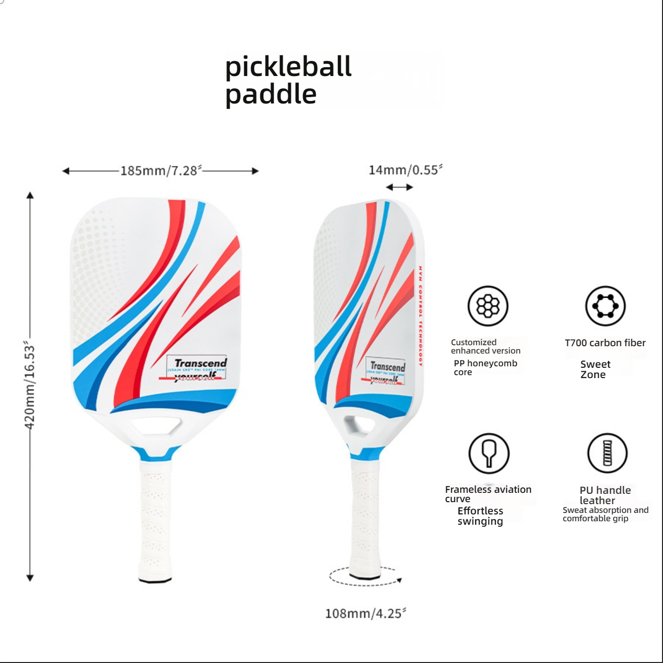 Product dimension chart (16.53"), featuring T700 carbon fiber and frameless design, helping you decide which pickleball paddle is best for me.