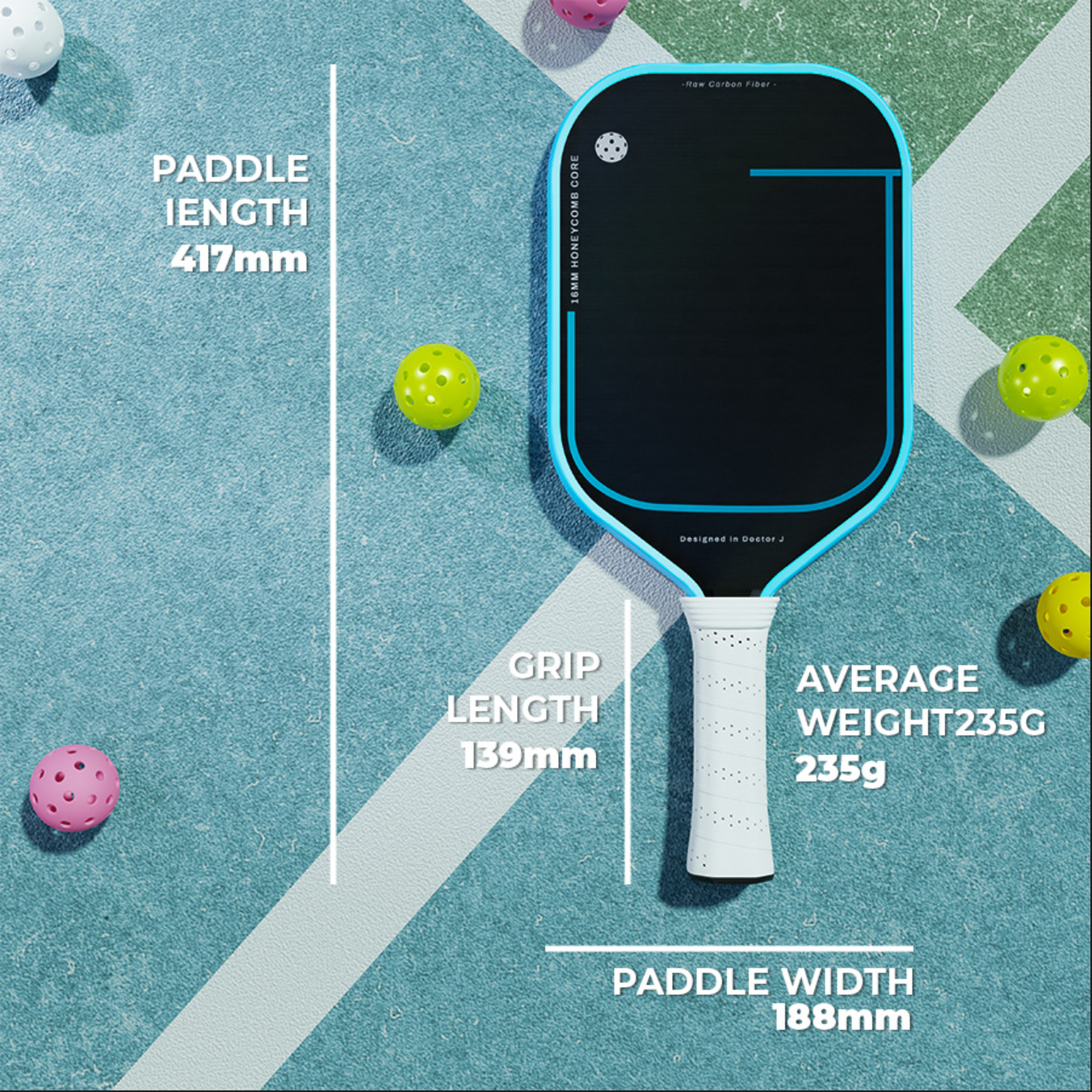 Dimension guide showing 417mm length and 235g weight, including tips on how to hold a pickleball paddle.