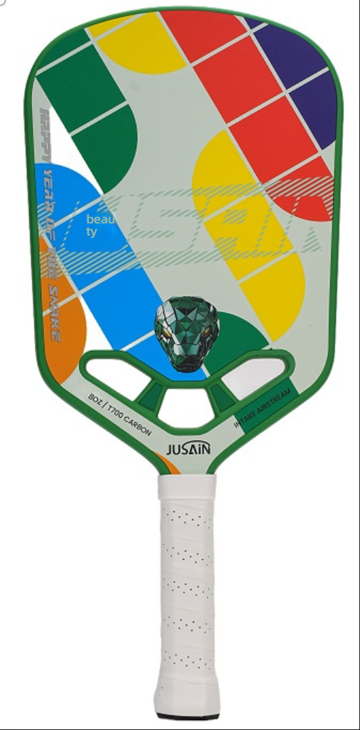 A vibrant Xephira pickleball paddle featuring a Year of the Snake theme with a green snake head graphic and colorful geometric patterns. This 8oz / T700 Carbon fiber paddle includes an Intake Airstream design for better aerodynamics. If you are wondering what is a good pickleball paddle for beginners or what material is best for pickleball paddles, this T700 carbon fiber model offers the perfect balance of control and power. Its lightweight build makes it the best pickleball paddle for beginners looking for