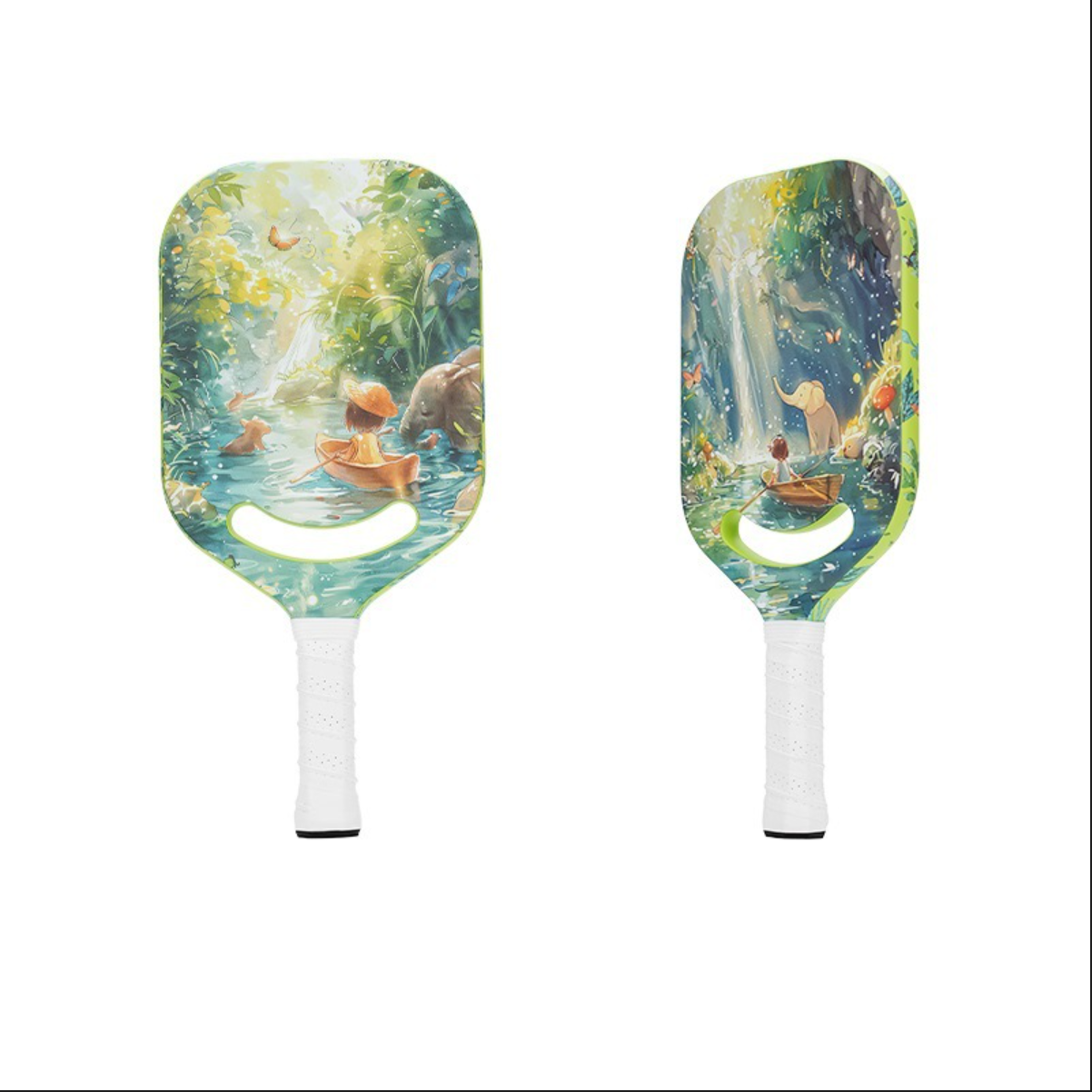 Forest and elephant themed paddles for family play. A perfect visual for where to buy a pickleball paddle, showcasing what is a good pickleball paddle for beginners who value both art and performance.