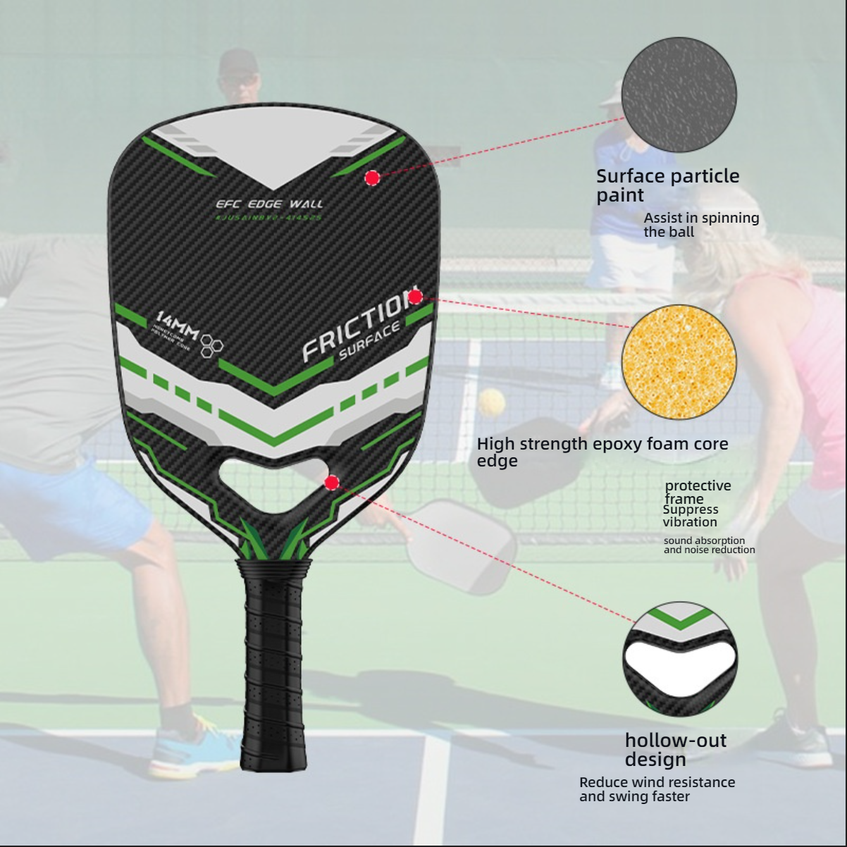 Detailed features of friction surface and hollow-out design for faster swings. For players searching where can i buy pickleball paddles with aerodynamic tech to reduce wind resistance.