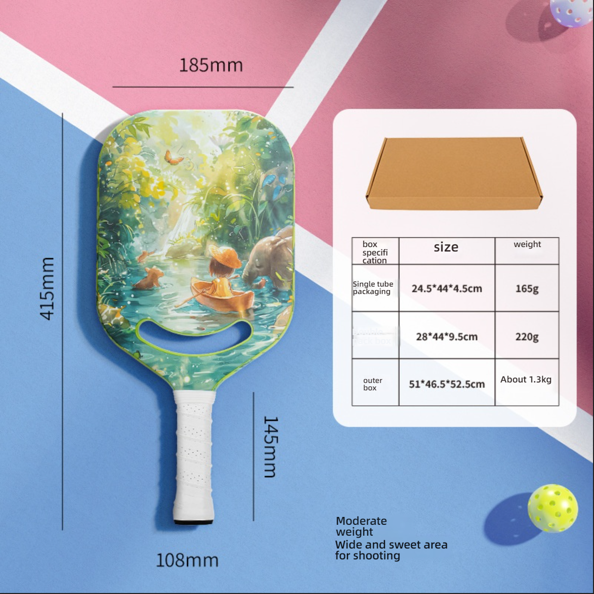 Detailed 16mm specs of the forest-themed paddle. A perfect guide for how do i choose a pickleball paddle for beginners, showing what is a good pickleball paddle with a balanced weight and sweet area.