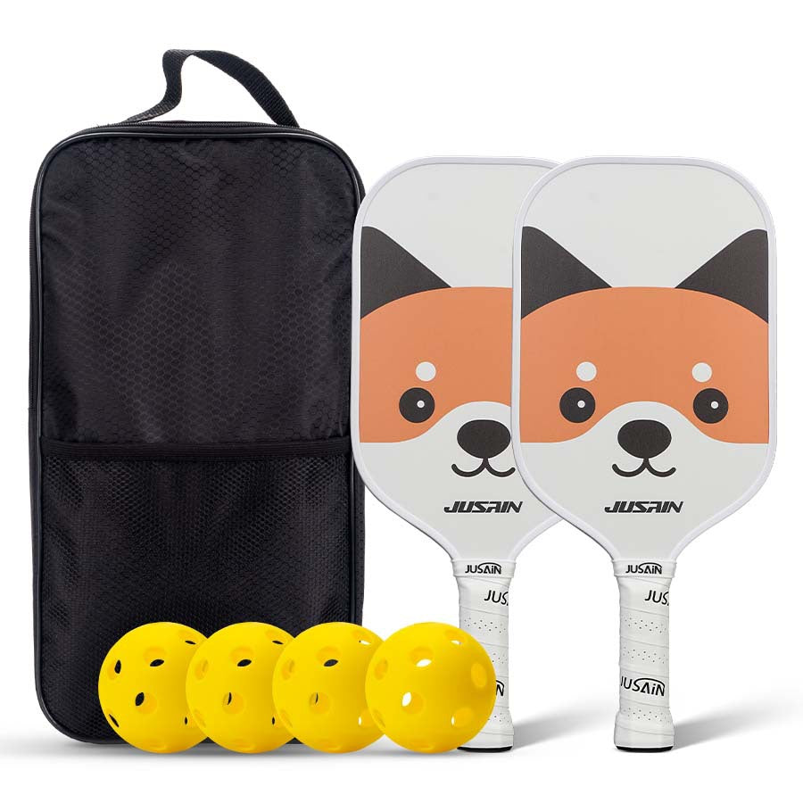 EN: Hand-drawn fox illustration paddle set for personalized needs of where to buy a pickleball paddle, featuring a unique cartoon art USP.