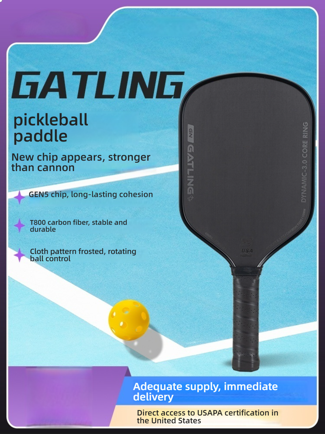 Featuring Xephira Gatling professional pickleball paddle with T800 carbon fiber and GEN5 core. Ideal for players asking what is the best pickleball paddle, offering elite control.
