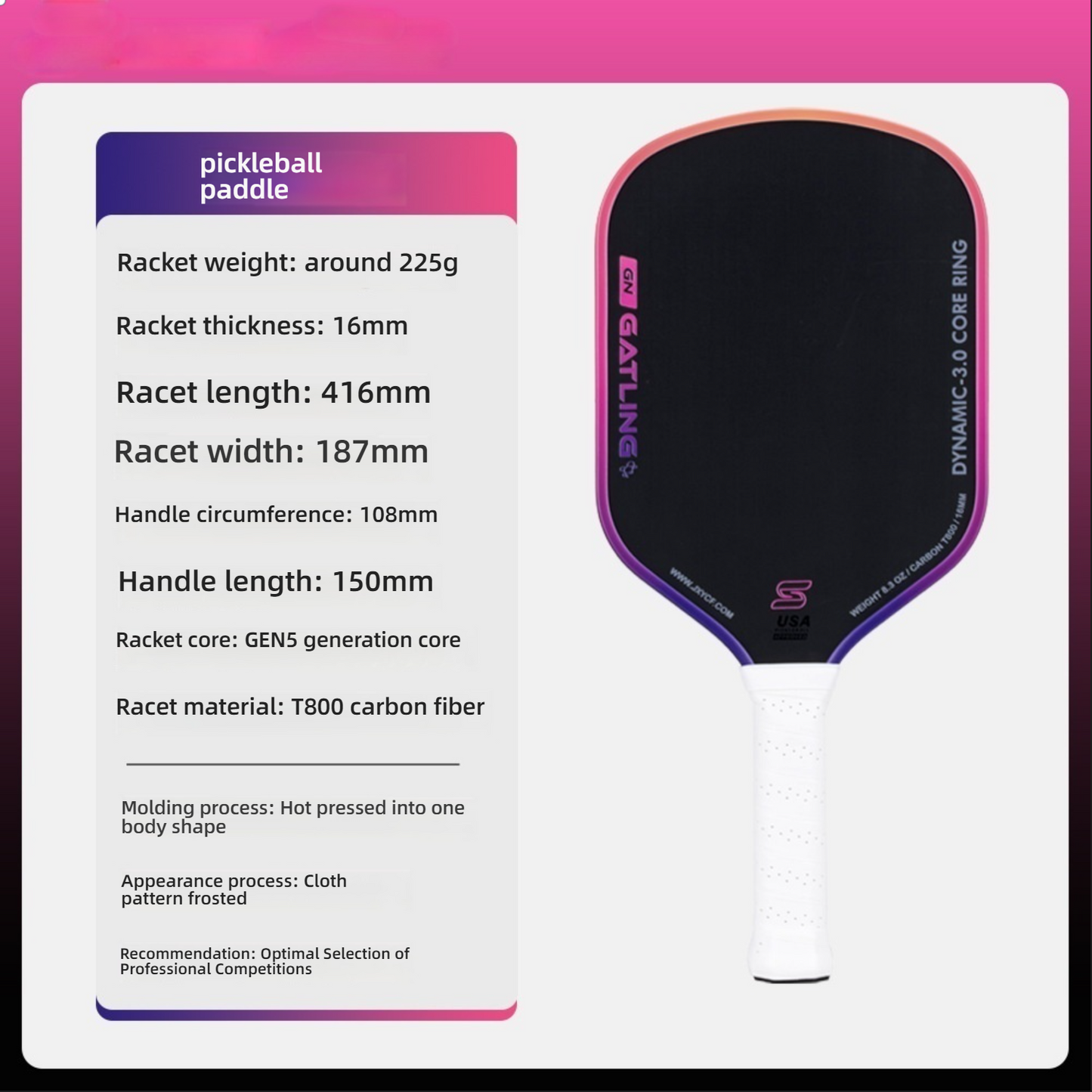 Pink Gatling model. For those asking what is a good pickleball paddle, this lightweight design is ideal for various players.
