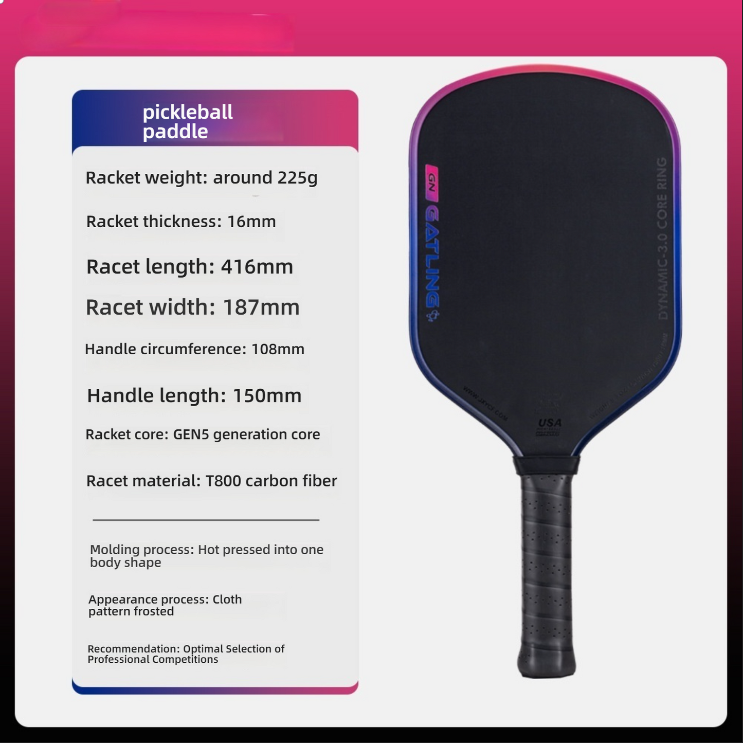 Purple Gatling model. If you need to know where to get pickleball paddles, this pro-grade paddle offers superior cloth pattern friction for spin.