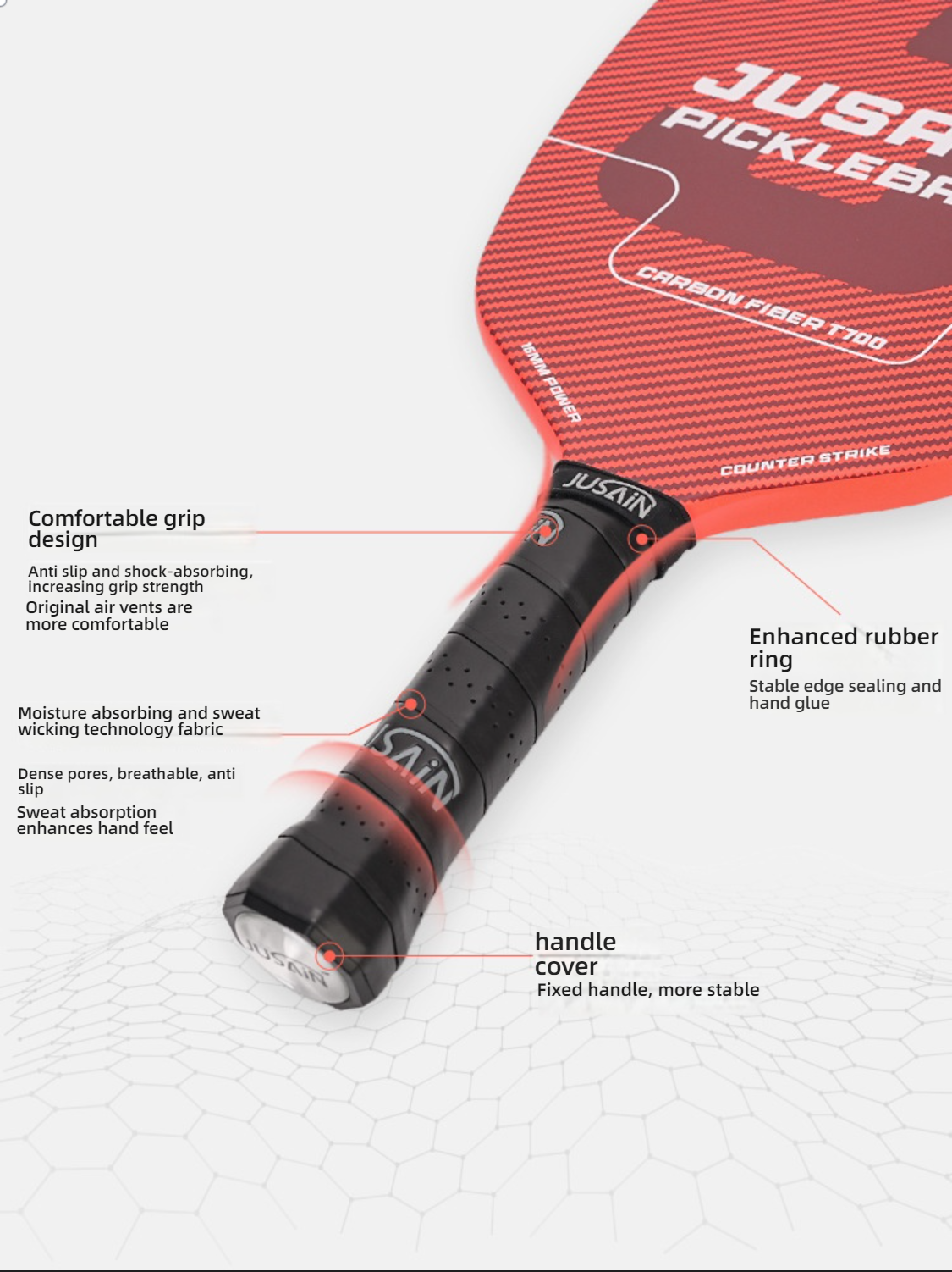 Comfortable anti-slip grip details with sweat-absorbing pores. Teaches how to hold a pickleball paddle and provides stable control, a key feature of what is a good pickleball paddle.