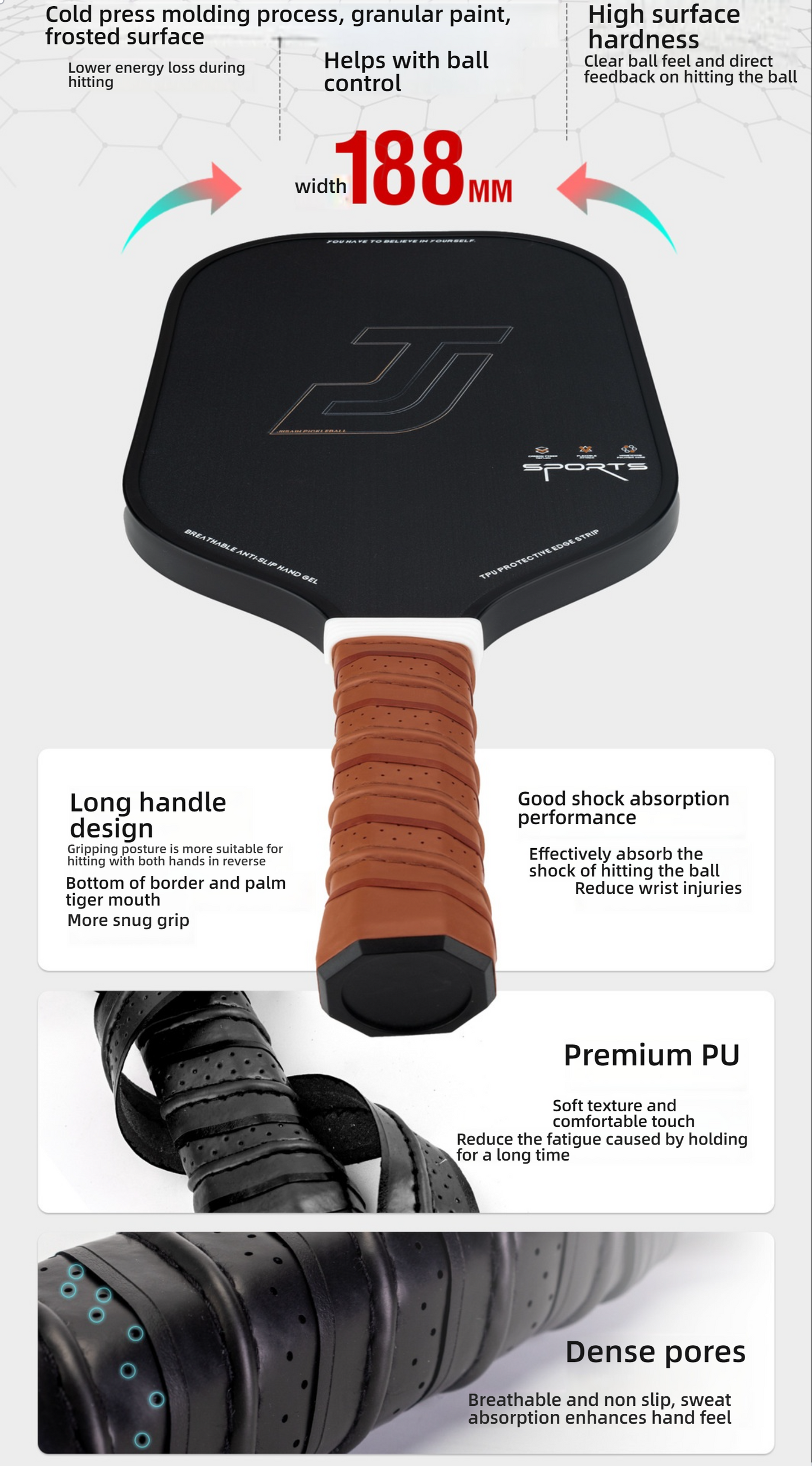 Detail image of a black pickleball paddle's brown grip: Long handle design, Premium PU material, and EVA keel shock absorption. Explains how the grip reduces fatigue and wrist injury, a key feature of what are good pickleball paddles.