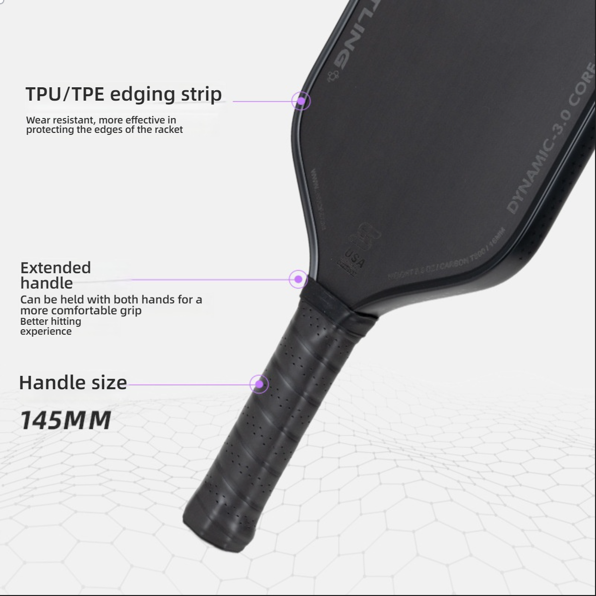 145mm extended anti-slip handle. Shows how to hold a pickleball paddle with a more comfortable double-hand grip experience.